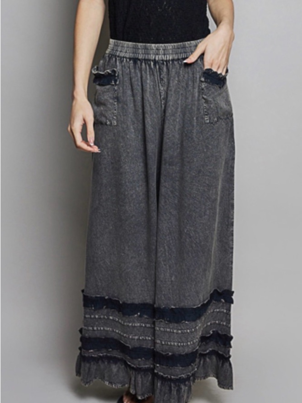 POL Wide-Leg Ruffle Hem Pants in Charcoal